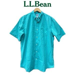 L.L. Bean Mens Aqua Blue Gingham Shirt Short Sleeve Button Up Size Large Regular
